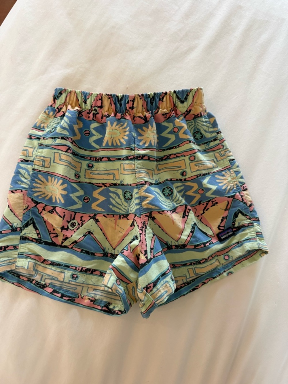 Patagonia Kids Swim Trunks in Teal, Pink & Yellow Aztec Print